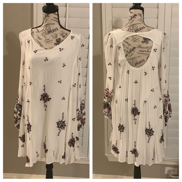Free People XS Floral Mini Embroidered Smock dress Long Sleeve Flowers F… - Picture 1 of 17